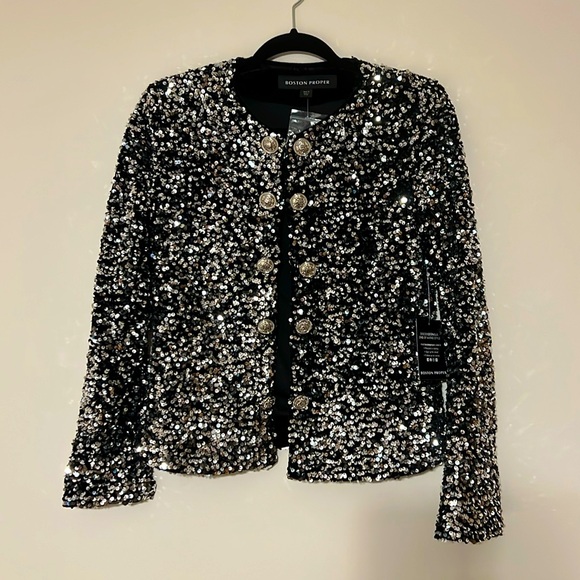 Boston Proper Jackets & Blazers - Boston Proper. Silver and Black Sequins Metallic Jacket. Size S. Silver Buttons.